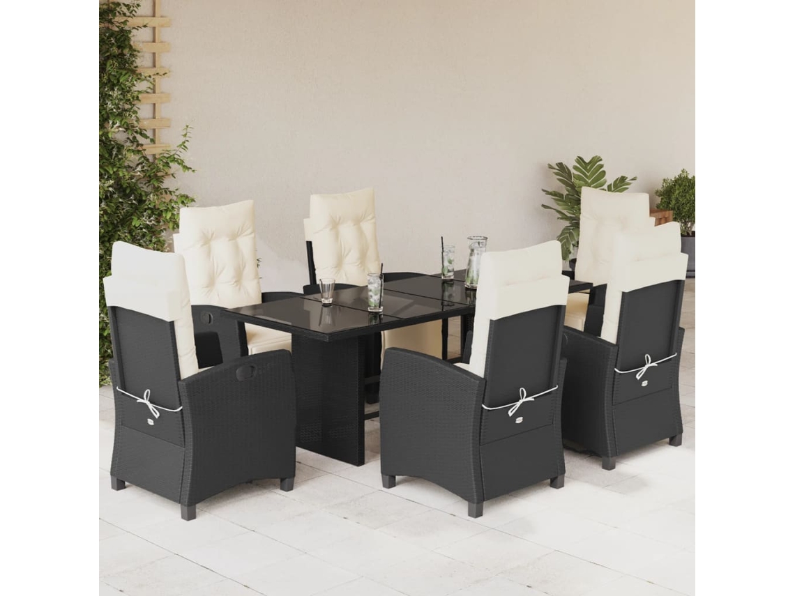 Vidaxl 7 Pcs Conjunto De Jantar P/ Jardim C/ Almofadões Vime Pe Preto