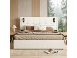 Cama Arrumação Com Sistema Elevável Hidráulico 160x200 Cm, Cama Casal Com Lâmpadas De Leitura Led E Cabeceira Acolchoada Em Veludo, Bege