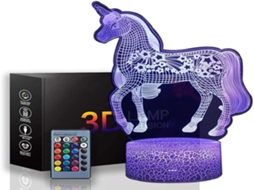 Luminária noturna 3D Lurelia em formato de unicórnio, recarregável via USB, com controle remoto, sensor de toque e iluminação RGB, ideal para quarto infantil e cabeceira de cama.