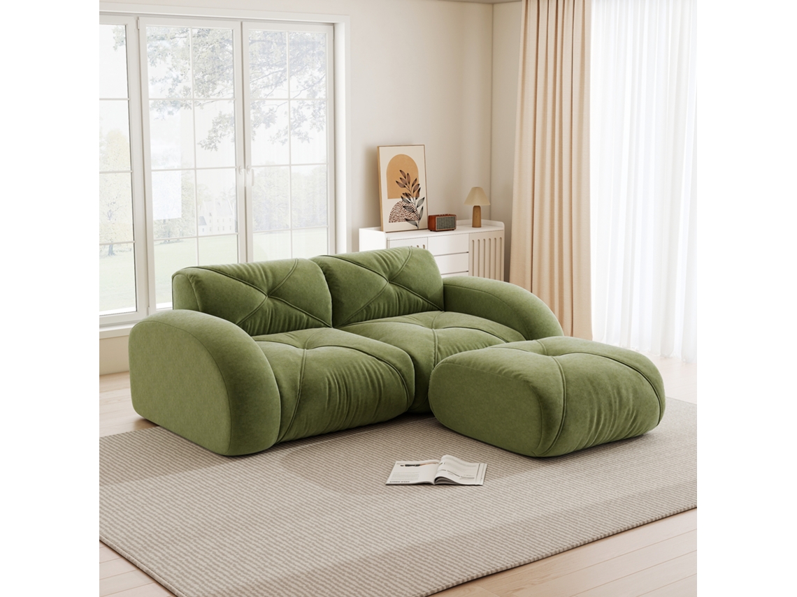 Sofá Modular 2 Lugares Com Pufe E Chenille Antiderrapante, Verde
