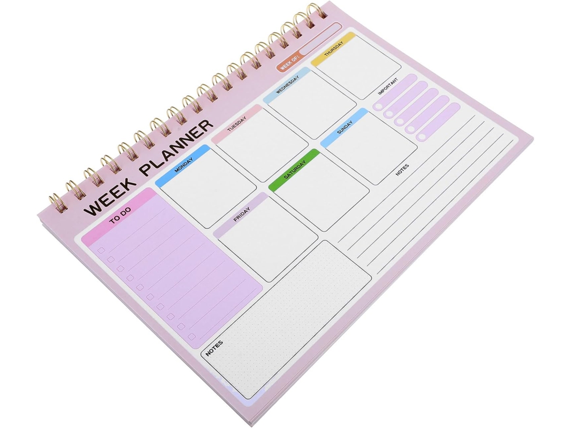 Agenda semanal sem data, encadernação em espiral dupla, papel, espaço para anotações, ideal para escritório e casa.