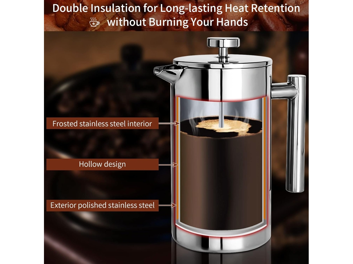 Cafeteira Francesa De Aço Inoxidável Com Parede Dupla 1500 Ml, 3 Filtros.