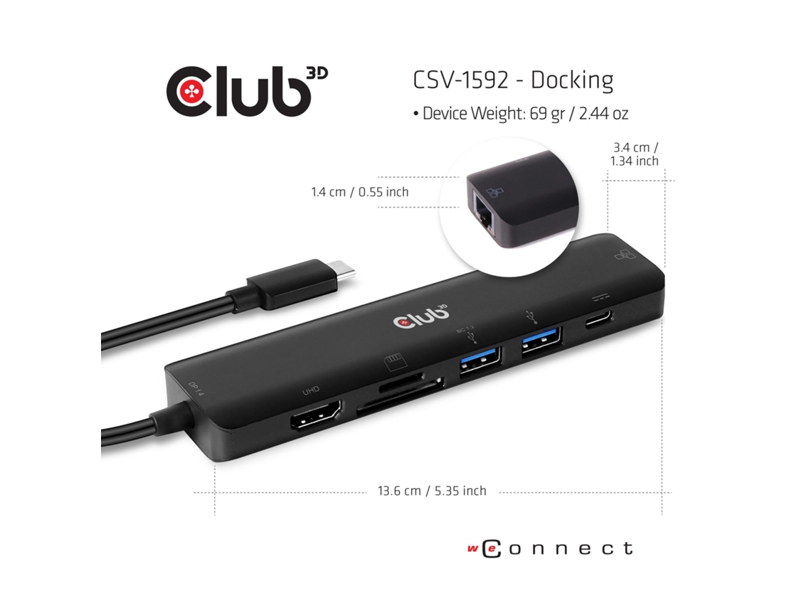 Club3D Csv-1592 Base & Duplicador de Portas Acoplamento Usb 3.2 Gen 1 3.1 Gen 1 Type-C Preto