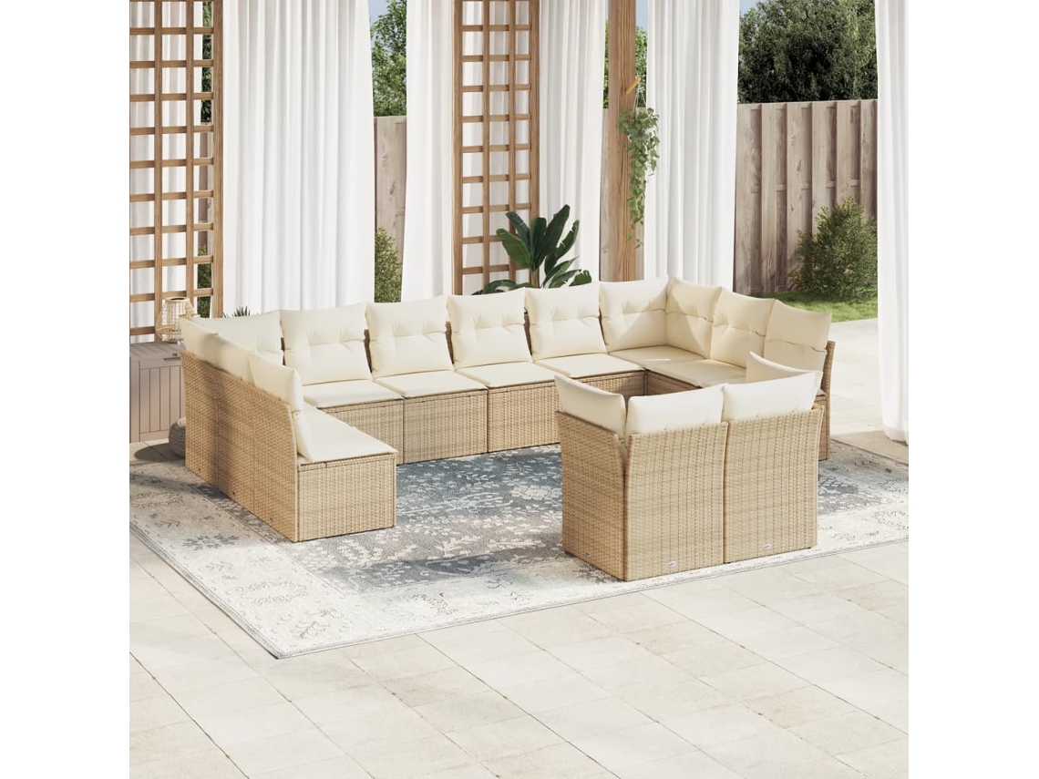 Vidaxl 12 Pcs Conjunto De Sofás P/ Jardim Com Almofadões Vime Pe Bege