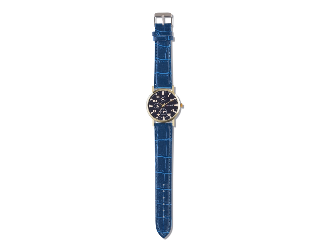 Relógio analógico de quartzo unissex com pulseira de PU azul e 3 mostradores.