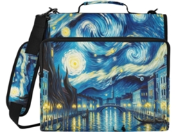 Pasta organizadora com 3 argolas, estampa retrô Veneza Noite Estrelada Azul, compartimento com zíper.