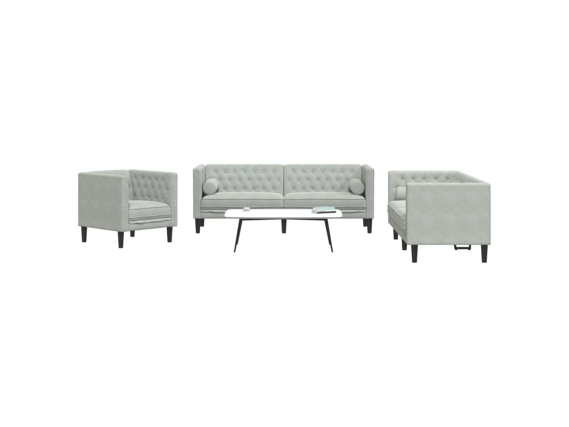Vidaxl 3 Pcs Conj. De Sofás Chesterfield Com Rolos Veludo Cinza-claro