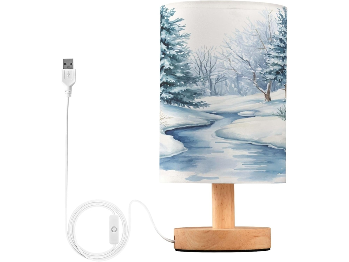 Abajur De Cabeceira Com Paisagem Inverno Em Aquarela, Luminária De Cabeceira Led, Luminária De Leitura Com Cúpula Tecido