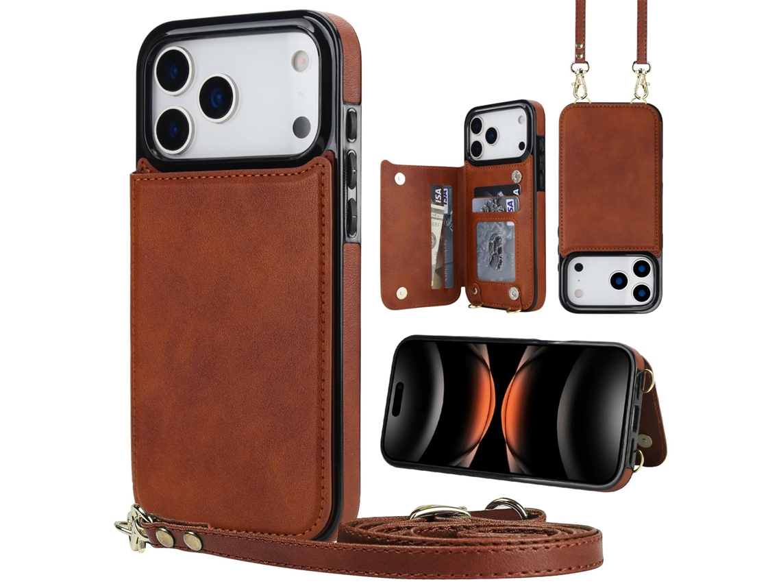 Capa Carteira Em Couro Pu Para Iphone 17 Pro Max - Marrom