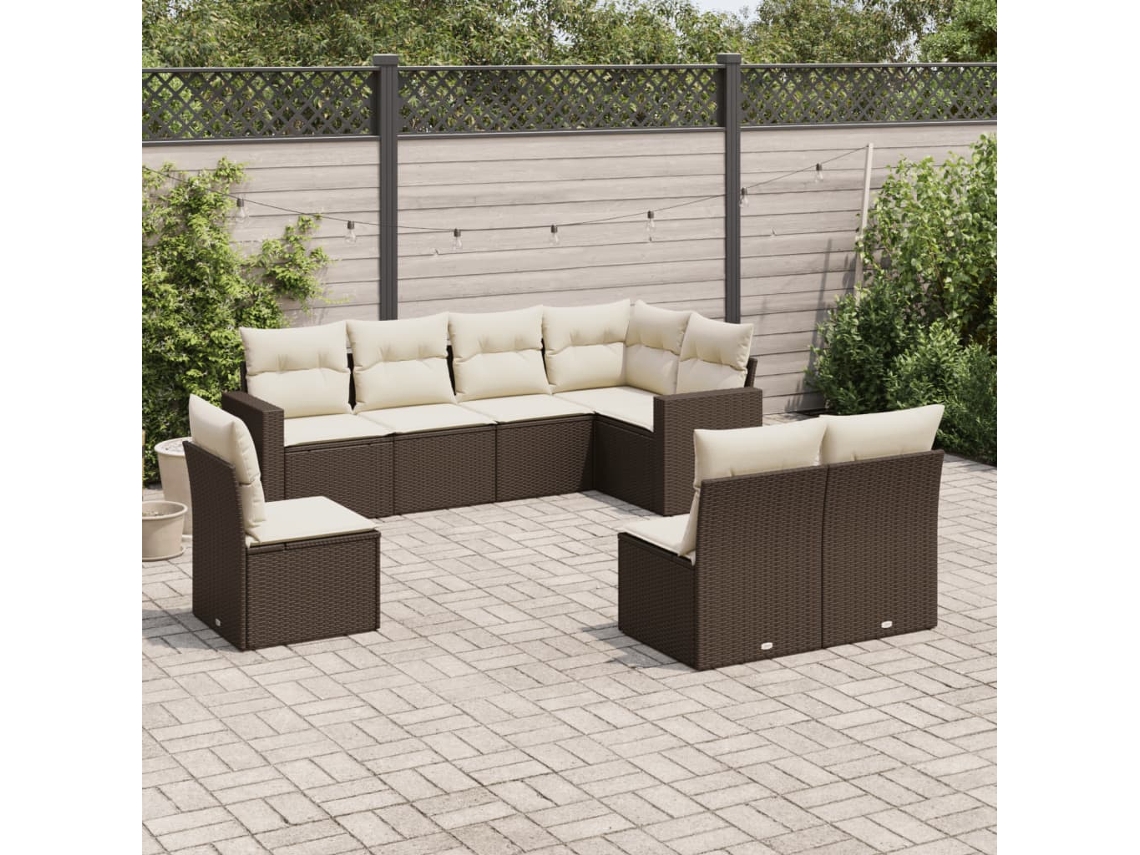Vidaxl 8 Pcs Conjunto Sofás De Jardim C/ Almofadões Vime Pe Castanho