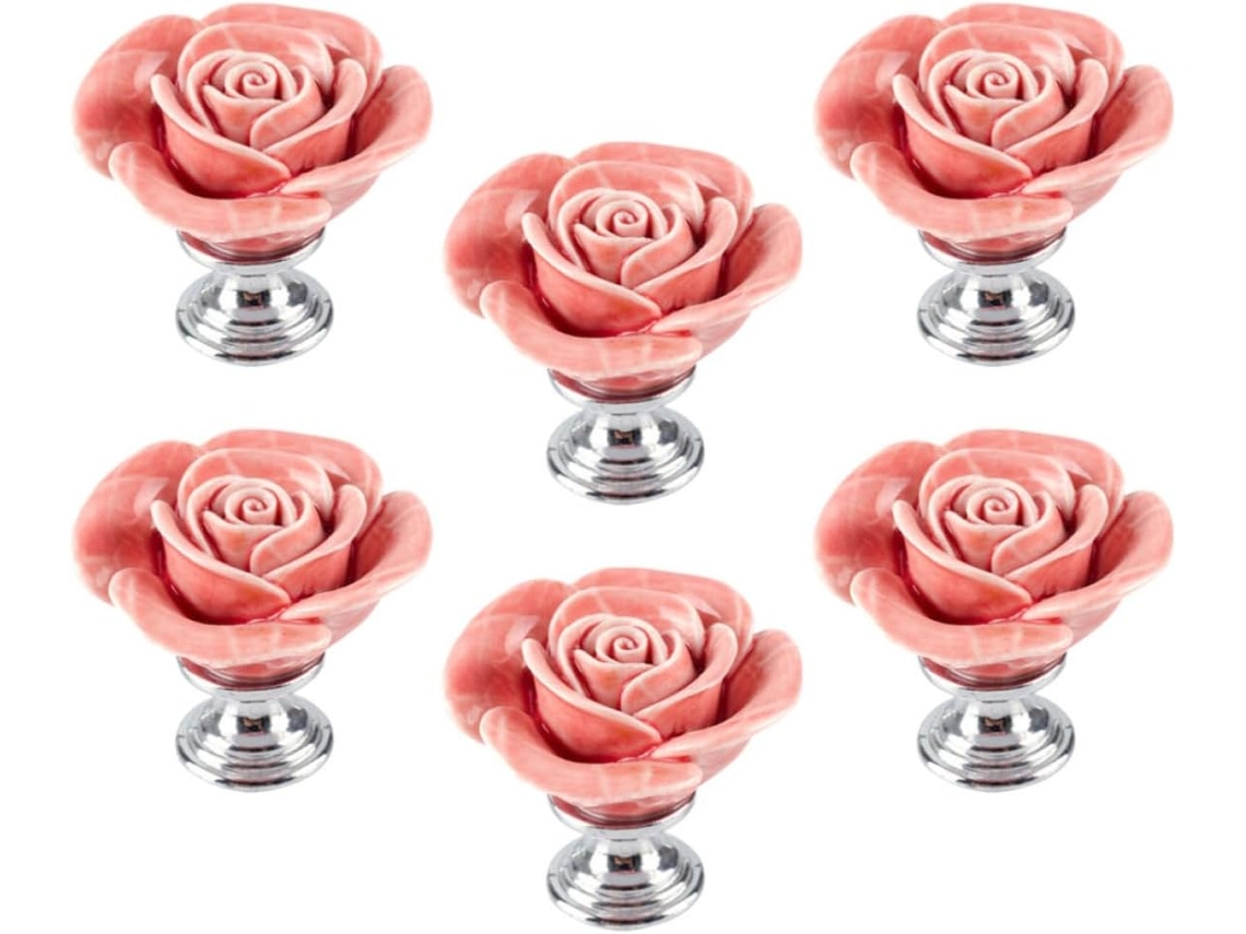 Conjunto De 6 Puxadores Armário Em Cerâmica Rosa Formato