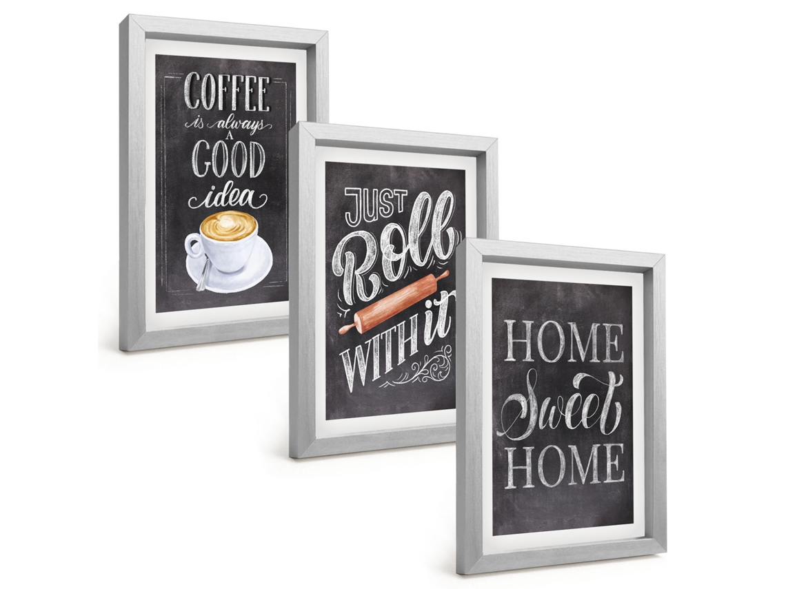 Conjunto De Pinturascafé, Rolo, Aconchego Do Lar Moldura Prateada Quadros Para A Sala De Estar Espelharte (3 Peças 20x30 Cm)