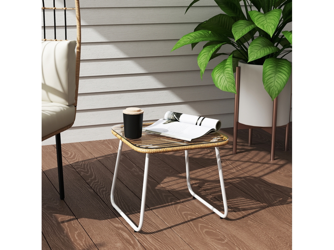 Mesa De Jardim Vime Sintético Exterior C/bancada Vidro Temperado E Pés Ajustáveis Auxiliar Para Pátio Varanda 50x50x44 Cm Madeira E Branca