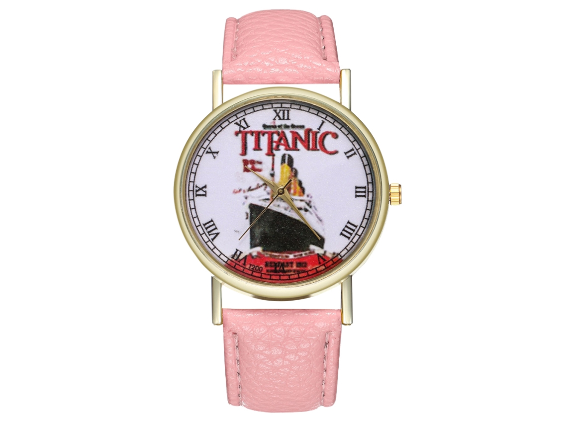 Relógio de pulso analógico de quartzo Zhoulianfa Titanic com mostrador redondo rosa, unissex.