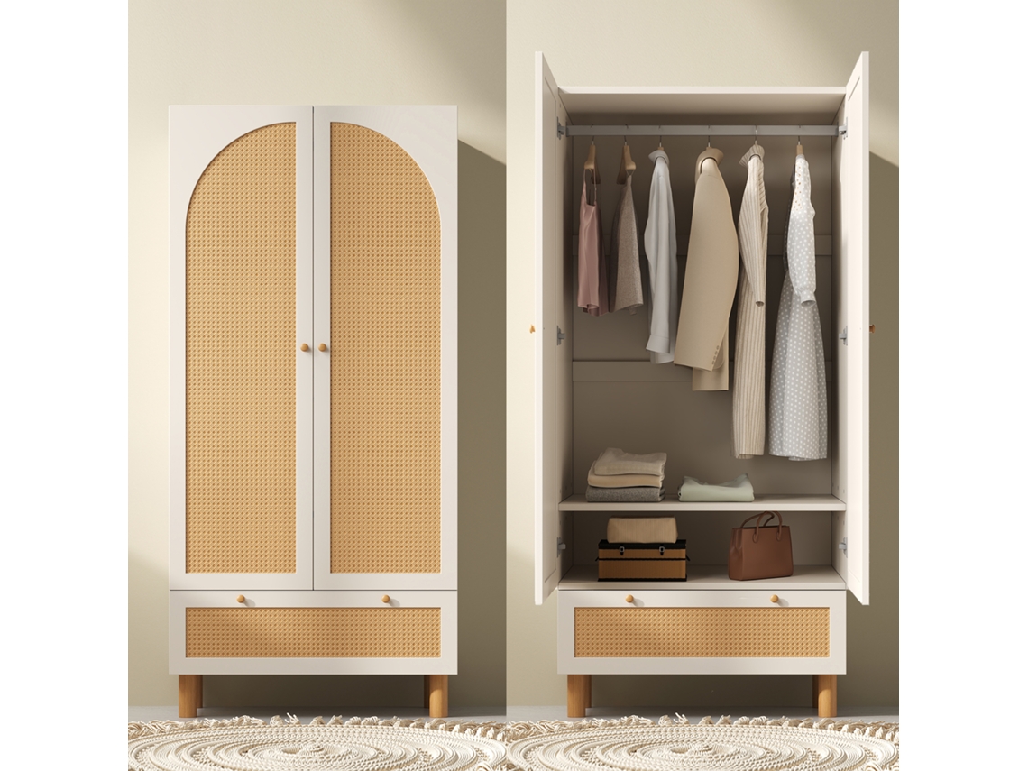 Móvel 2 Portas Rattan Branco Estilo Campestre Com Gaveta Cabideiro 180x85x52cm
