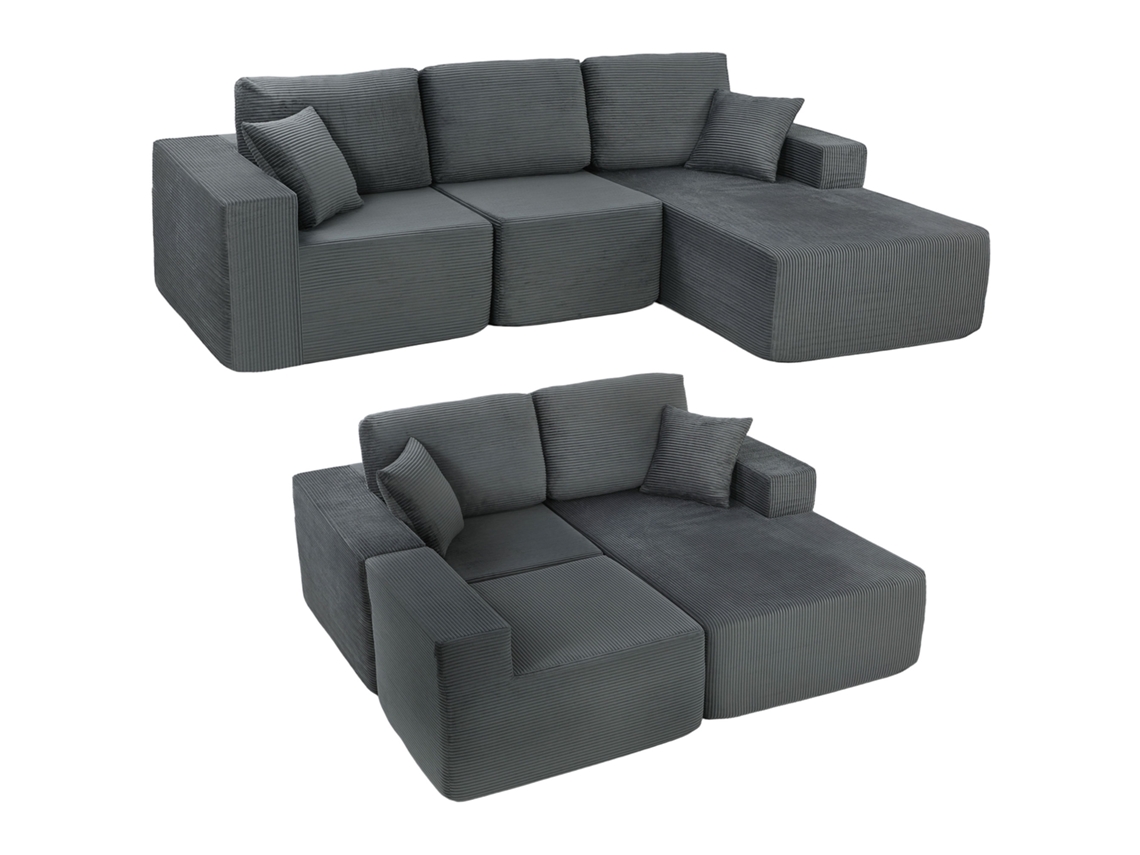 Sofá Modular de Canto em L, Cinza Escuro, Assento Fundo, Braços Largos, 2 Travesseiros | S/MARCA