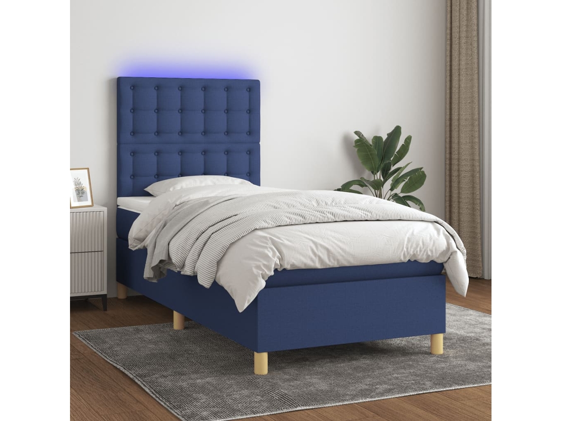 Cama Box Spring C/ Colchão E Led 80x200 Cm Tecido Azul
