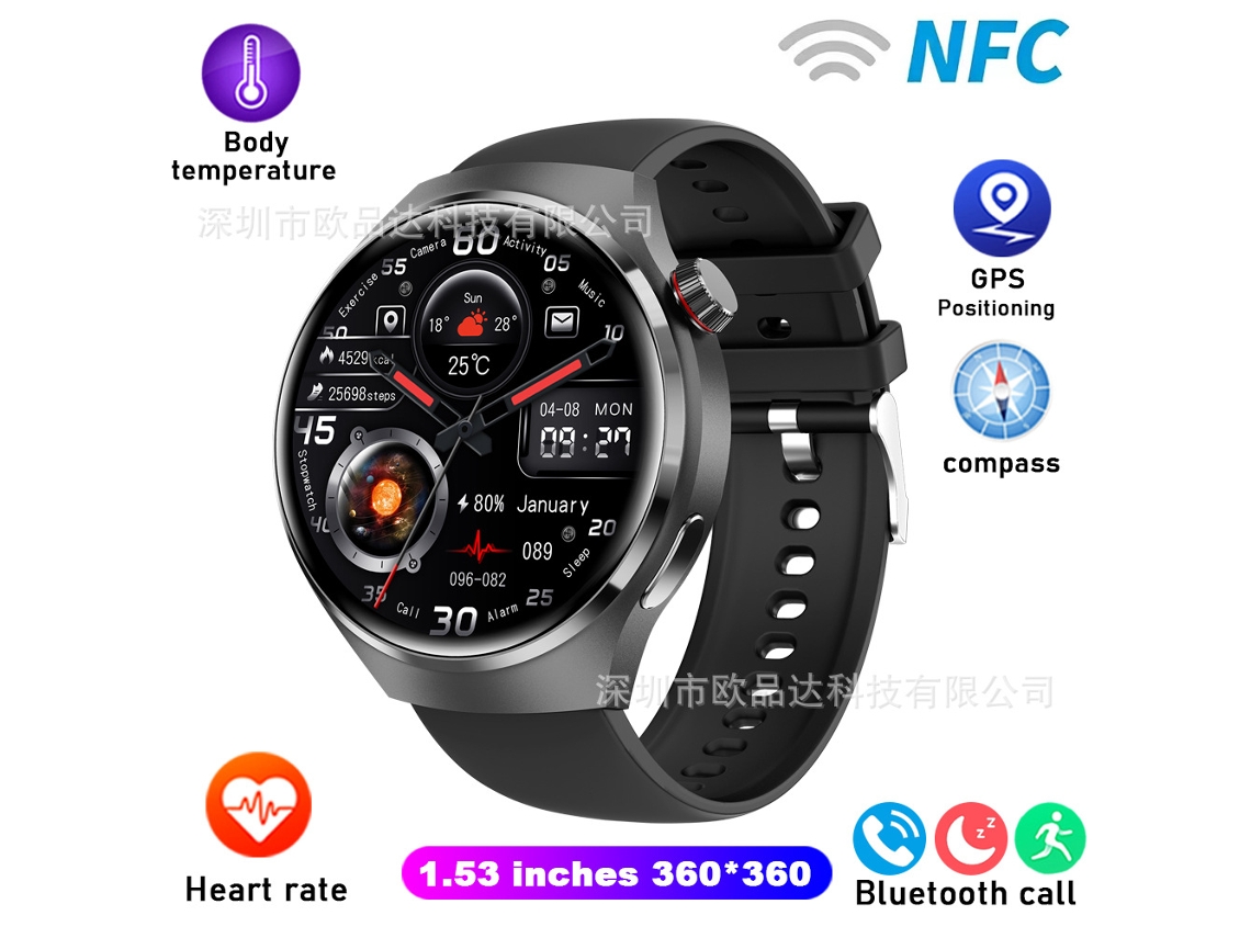 Smartwatch GT4 Pro com pulseira redonda de tecido, chamadas Bluetooth, à prova d'água, controle de voz para esportes, versão em inglês e estrutura de bambu YUNZII