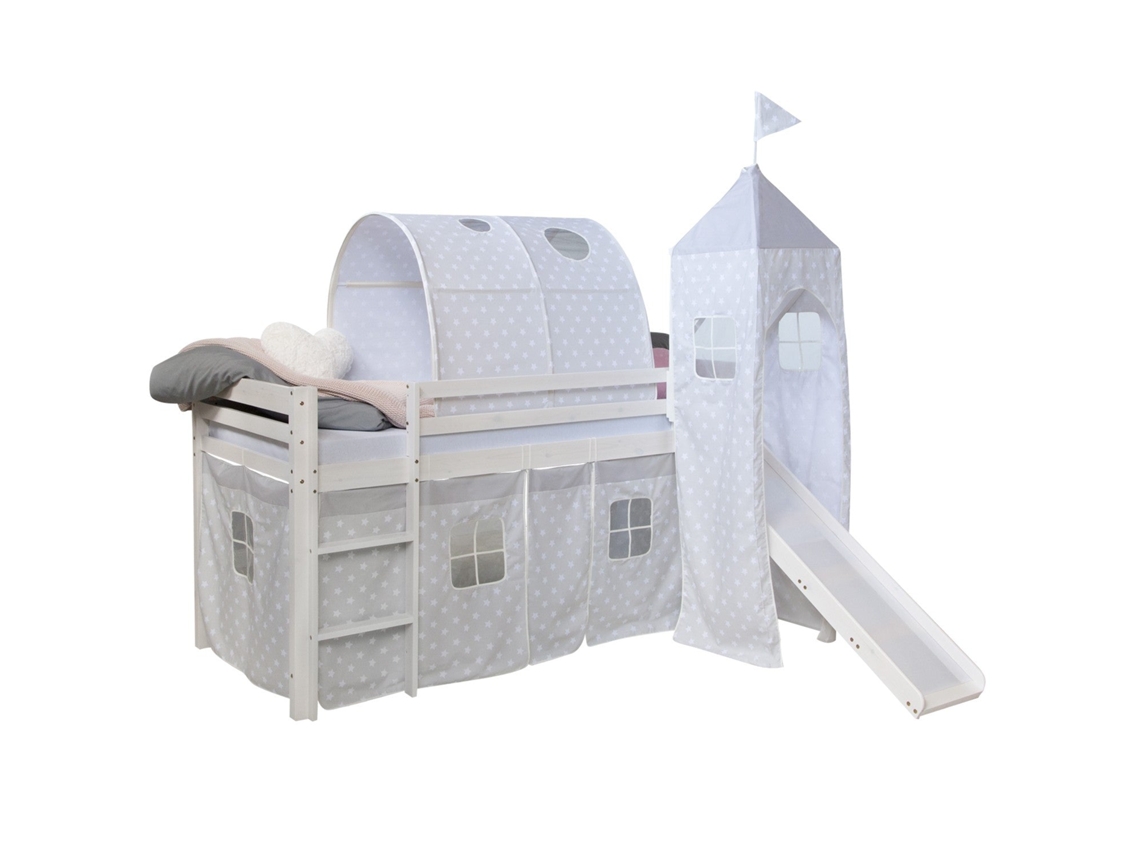 Cama Alta De 90x200cm Com Escada E Escorregador De Madeira Branca Tecido Cinza Com Estrela Túnel E Torre Lit06182