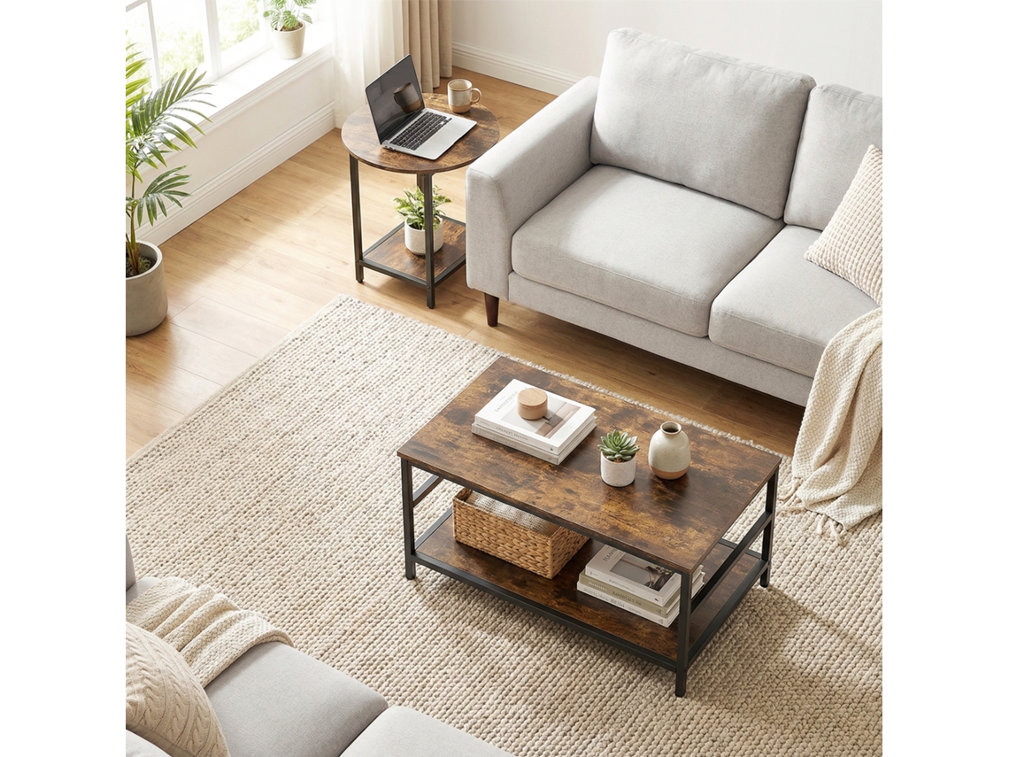 Coffee Table Set 2 Piece Rectangular Round Table With 2 Tier Storage Living Room Rustic Brown