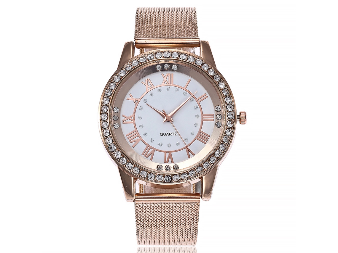 Relógio de Pulso Feminino Vansvar com Cinto de Malha de Aço e Números Romanos Rose Gold White