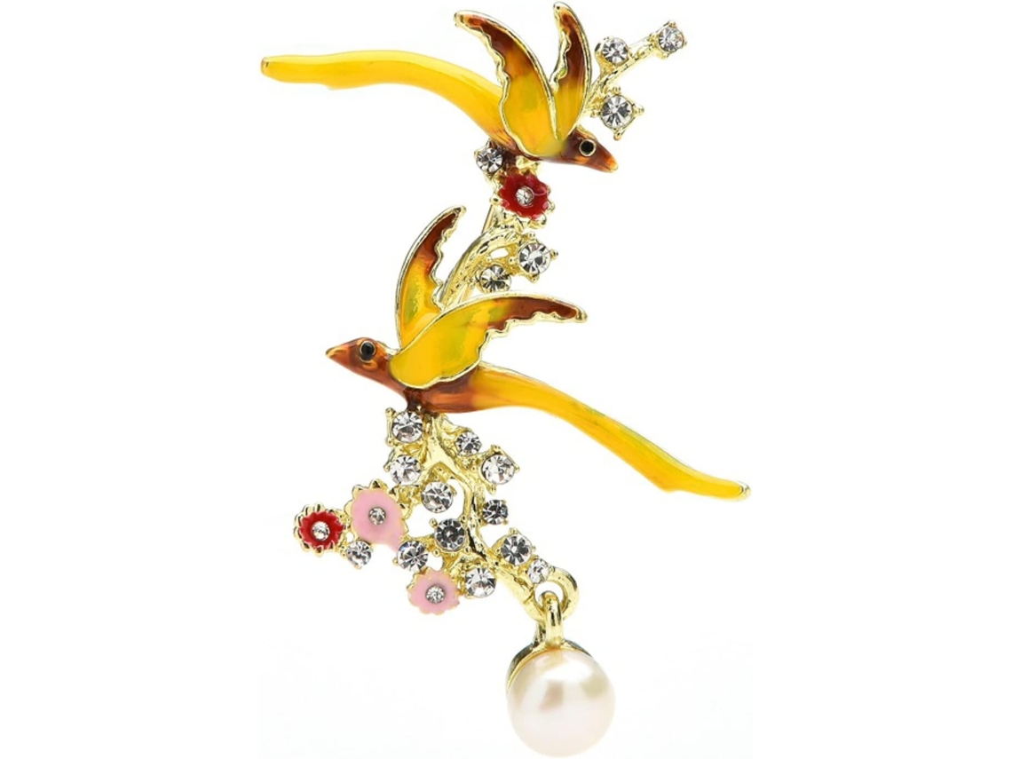 Broche Art Déco Com Flor E Pássaros Voadores, Esmalte E Strass, Ideal Para Festas E Escritório