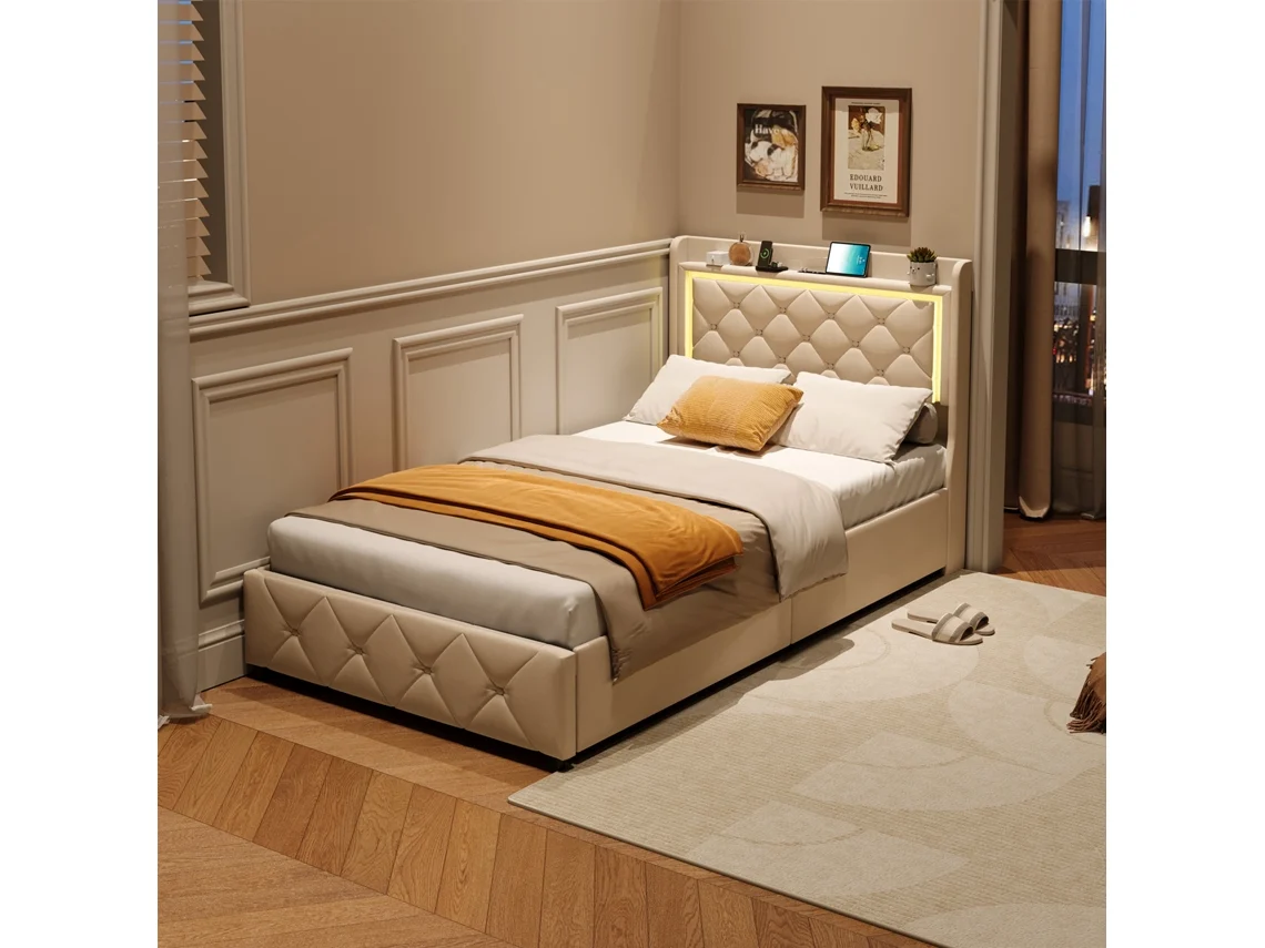 Cama De Solteiro Estofada Felpuda Bege 90x200cm Com Armazenamento E Gavetas, Cabeceira Com Usb-c E Led, Cama Box De Tecido Estilo Moderno Minimalista