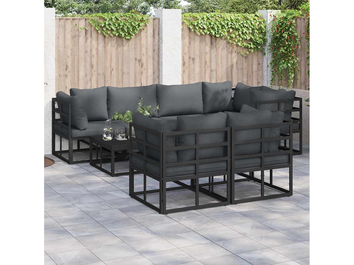Vidaxl Conjunto De Sofá De Jardim Com Almofada 7 Pcs Preto Aço