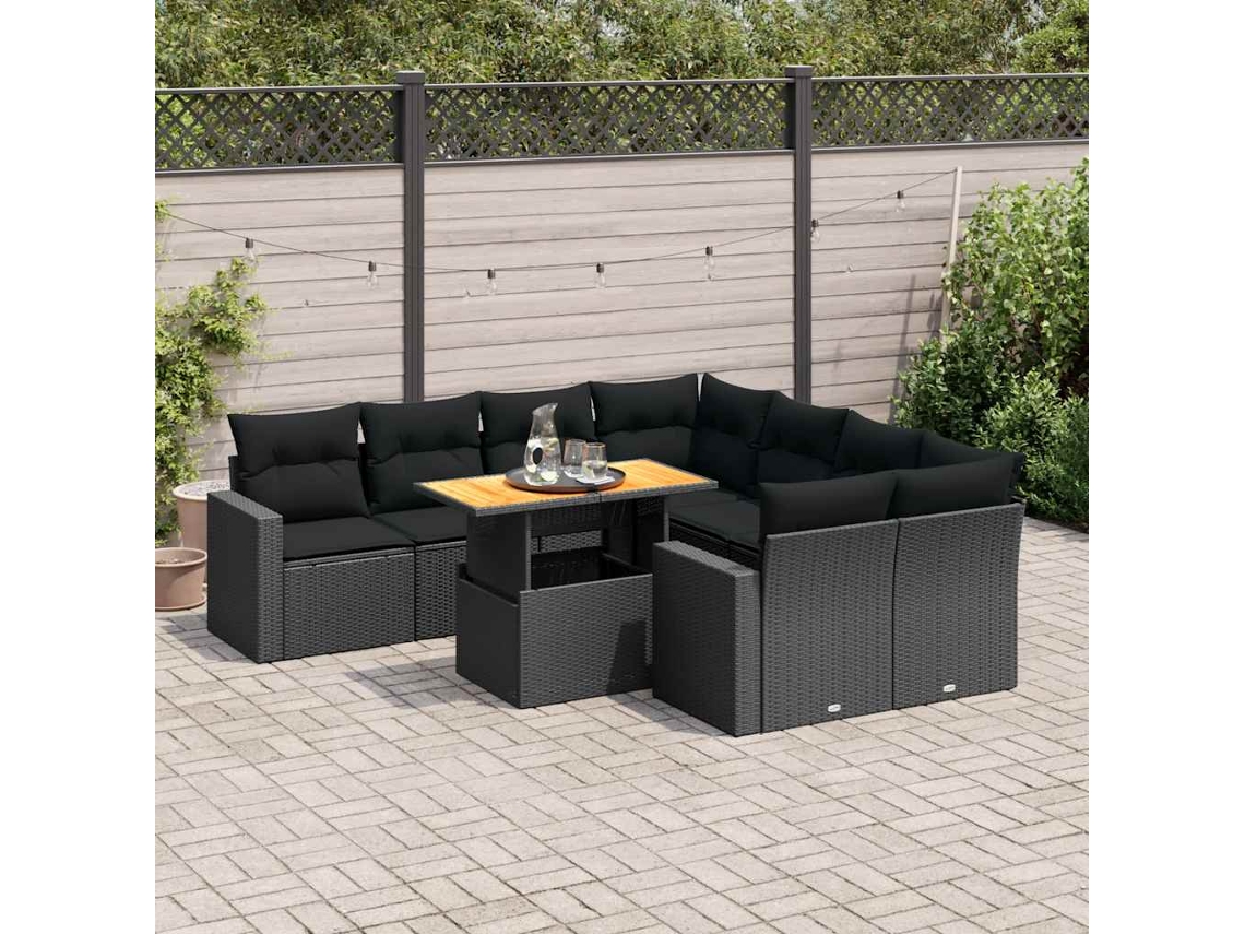 Vidaxl 9 Pcs Conjunto De Sofás P/ Jardim C/ Almofadões Vime Pe Preto