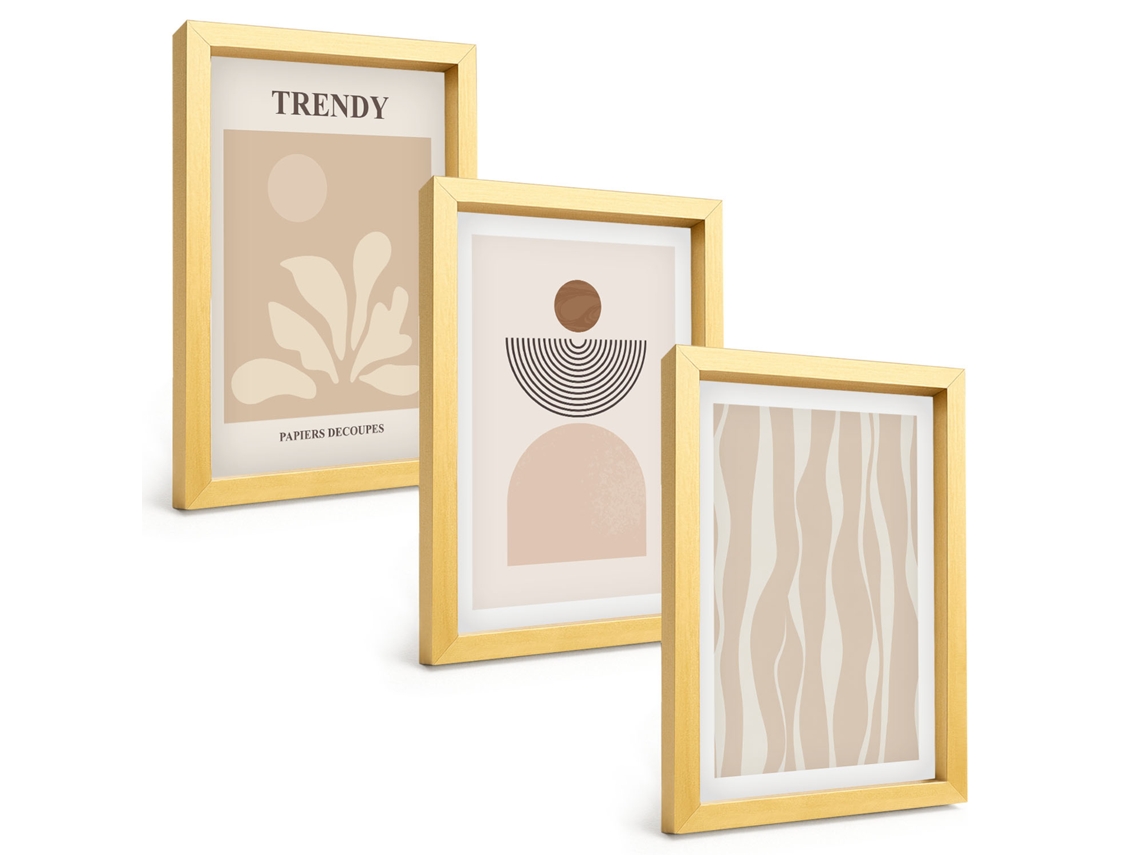 Conjunto De Pinturasabstrato Elegante Em Bege Moldura Dourada Quadros Para A Sala De Estar Espelharte (3 Peças 20x30 Cm)