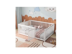Cama Infantil 140 X 200, Estrutura De Cama Com Piso De Madeira, Cerca E Porta, Branca Liptaptyn