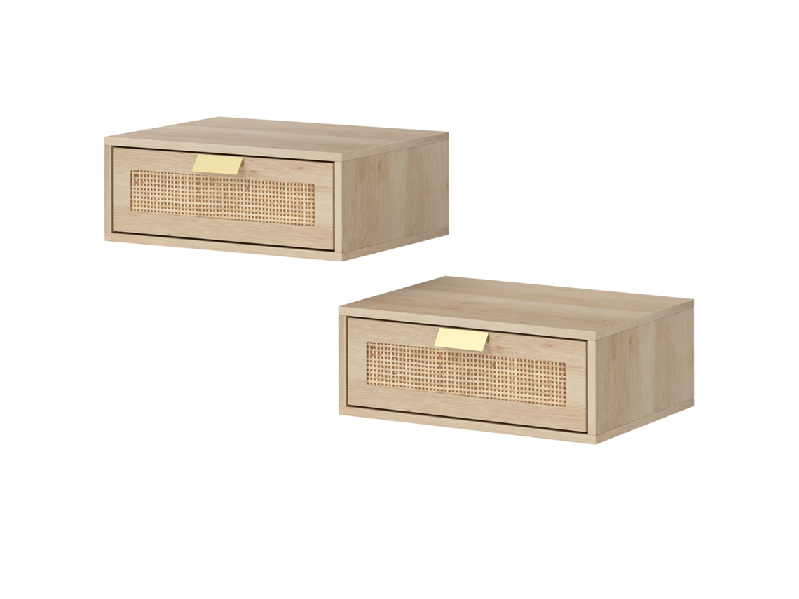 Conjunto De 2 Mesas De Cabeceira Flutuantes Com Gaveta De Vime Economizando Espaço - Durável Natural 40x30x15 Cm