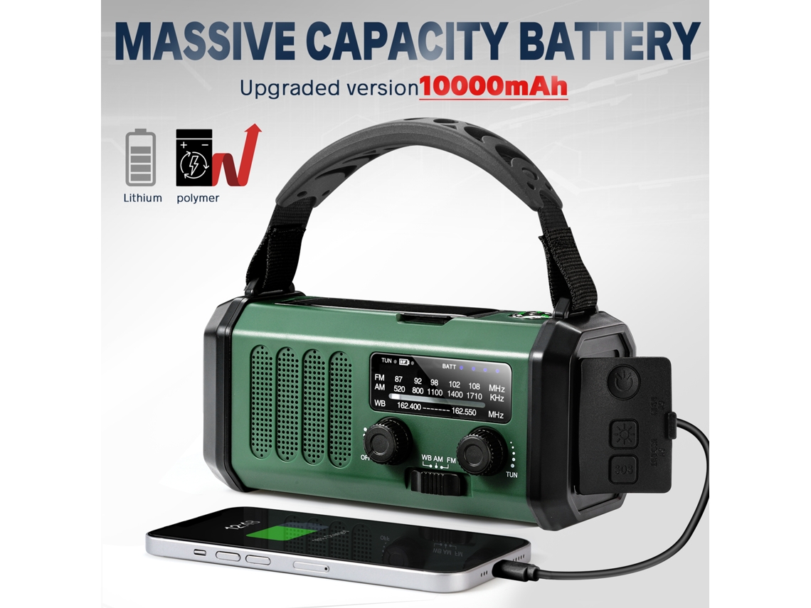 Rádio De Emergência E30 Com Energia Solar, 10000mah, Fm, Gerador De Manivela, Am, Fm, Noaa, Led, Alarme Sos, Powerbank, Verde Militar Brilvibera