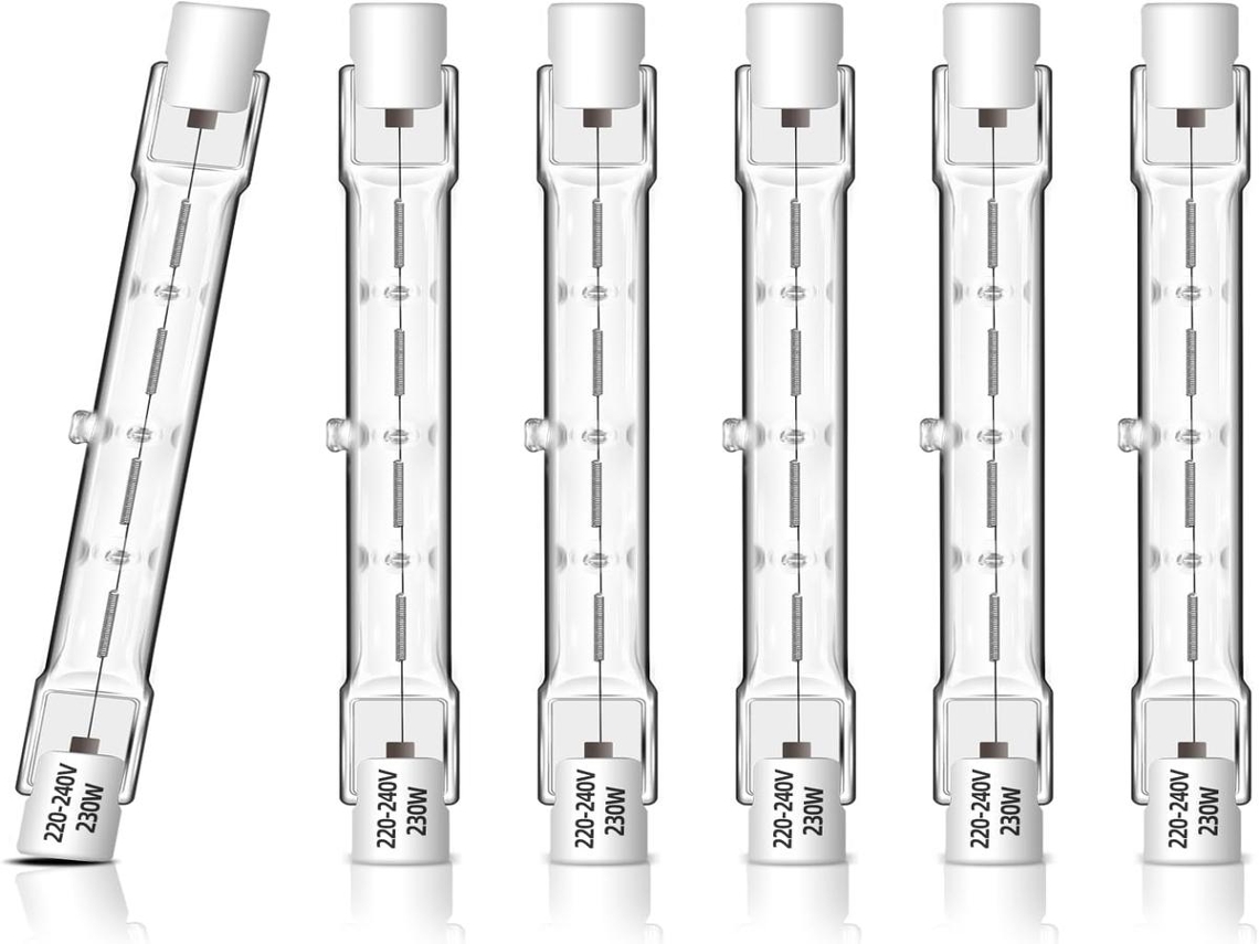 Lurelia Pack De 6 Lâmpadas Halógenas Lineares R7s 240w 230v 2700k 118mm, Branco Quente, Regulável, Cápsula Transparente
