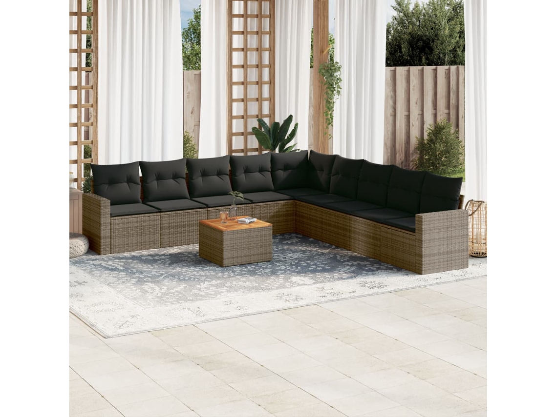 Vidaxl 10 Pcs Conjunto Sofás De Jardim C/ Almofadões Vime Pe Cinzento