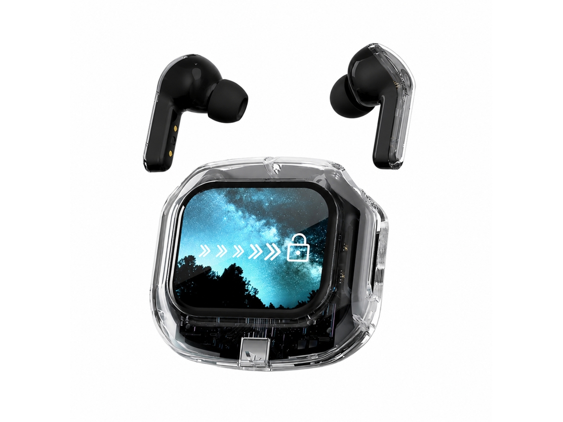 Fone Bluetooth Táctil Preto, Caixa Transparente, Compatível Com Todos Os Dispositivos