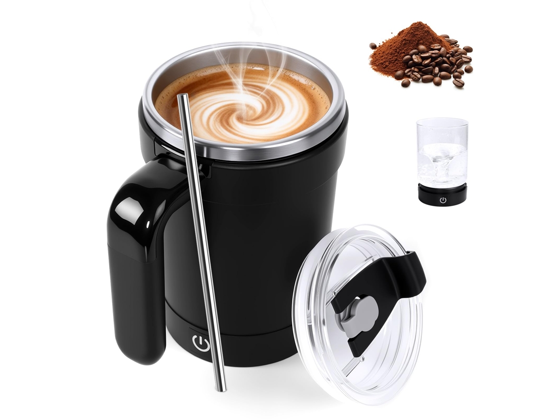 Misturador magnético automático tipo copo com visor de temperatura, melhor versão com tampa, cor preta. Ideal para mesa e escola.