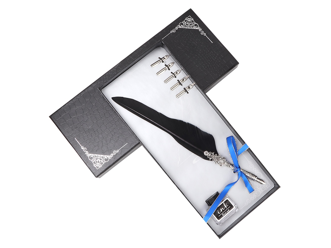 Caneta Pluma Europeia Retro Preta Kit Presente Papelaria