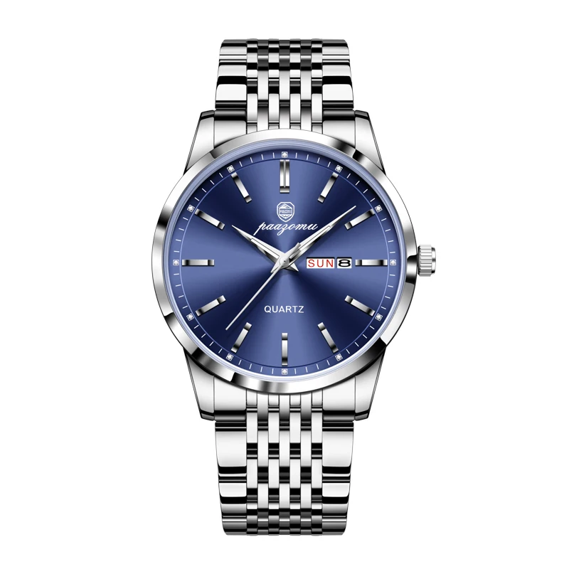 Relógio De Luxo (azul Prateado), Quartzo À Prova D'água Com Indicação De Data E Dia Da Semana.