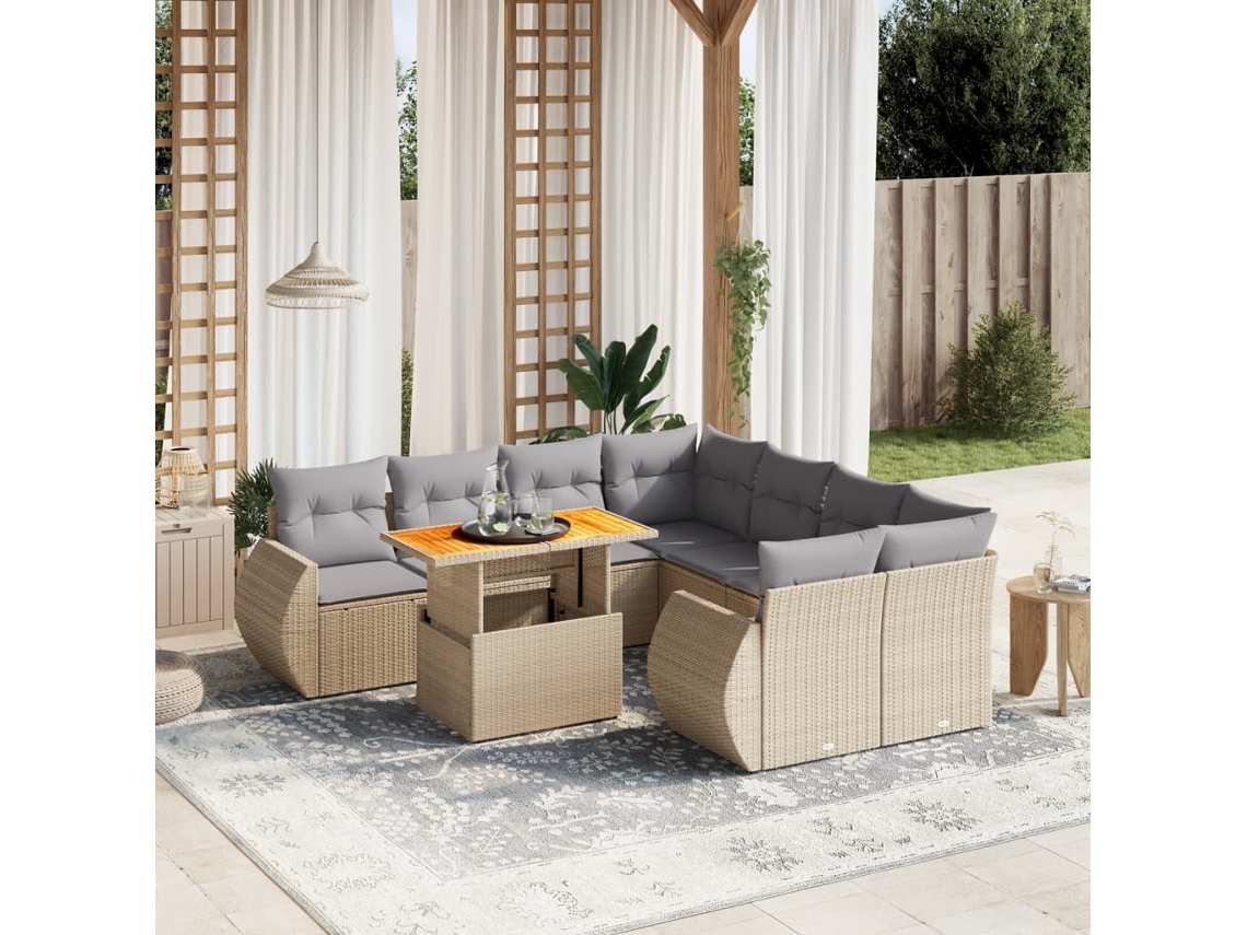 Conjunto de 9 Sofás para Jardim com Almofadas Vime Pe Bege Dkd Home Decor