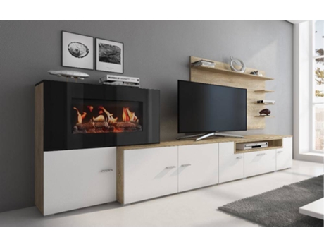 Conjunto de Móveis de TV SKRAUT HOME NEWOLYMPOSONOMA  (Branco Brilhante - Carvalho  - Melamina - 290 x 170 x 45 cm) 