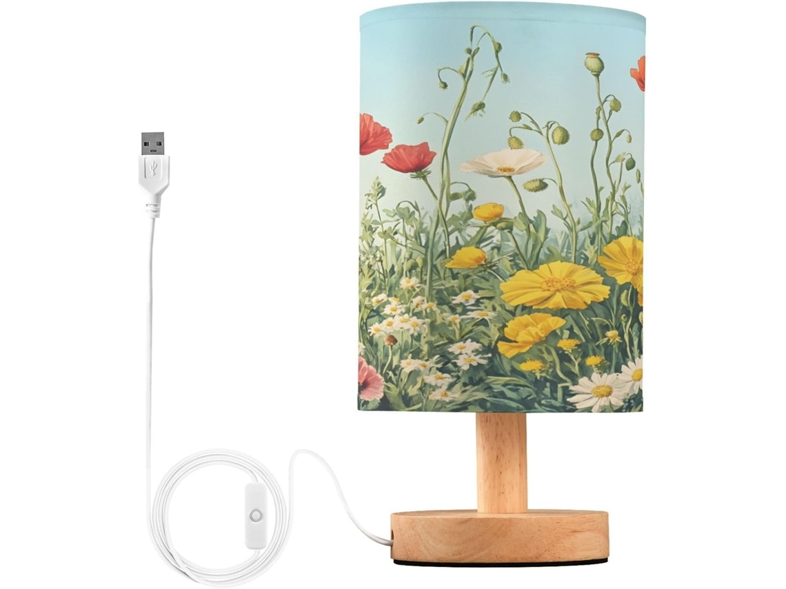 Abajur De Cabeceira Wildflowers Para Quarto, Com Portas De Carregaje USB C, Luminária De Leitura Led, Base De Madeira