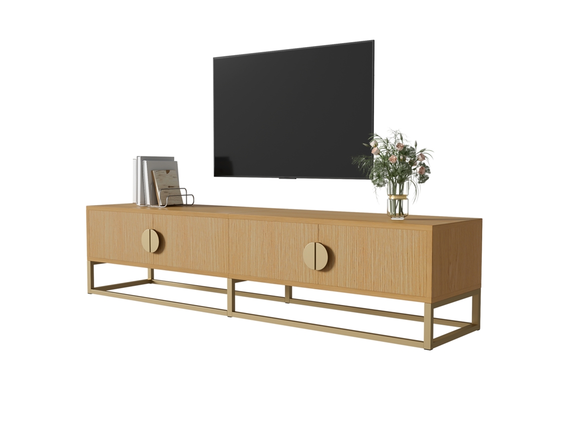 Armário De Tv 180 Cm Com Veios De Madeira, Moderno Para Sala De Jantar, 4 Portas, Puxadores Semiarredondados.