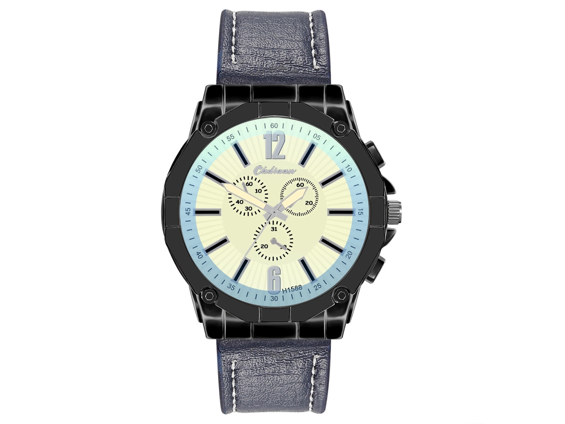 Relógio masculino de quartzo com pulseira de couro PU, estilo executivo, mostrador de três mostradores.