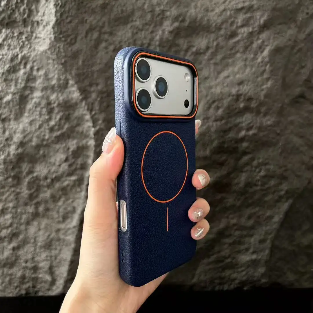 Capa Magnética Para Celular Com Textura De Lichia Fosca (iphone 15 Pro Azul), Em Tpu Macio.