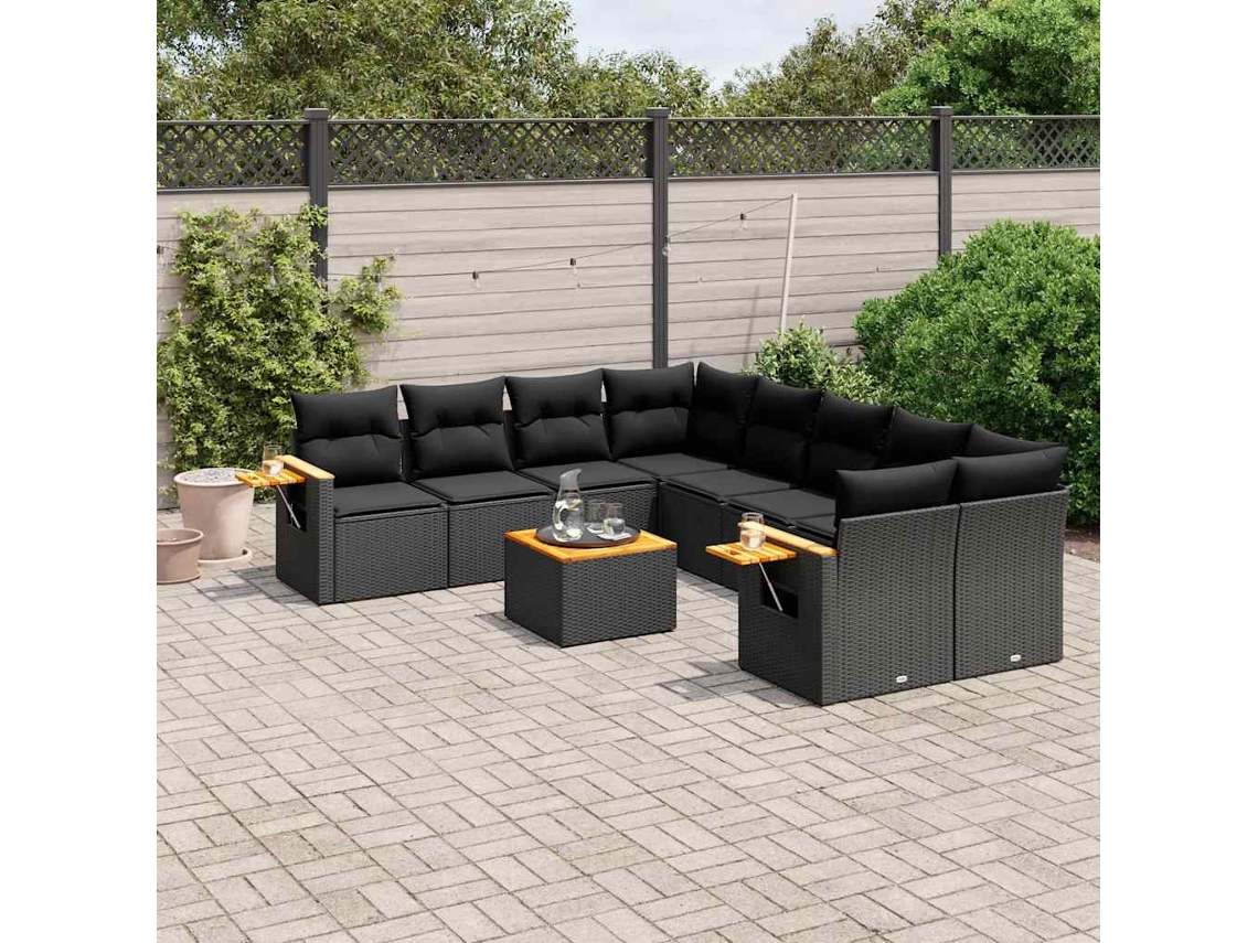 Vidaxl 9 Pcs Conjunto De Sofás P/ Jardim C/ Almofadões Vime Pe Preto