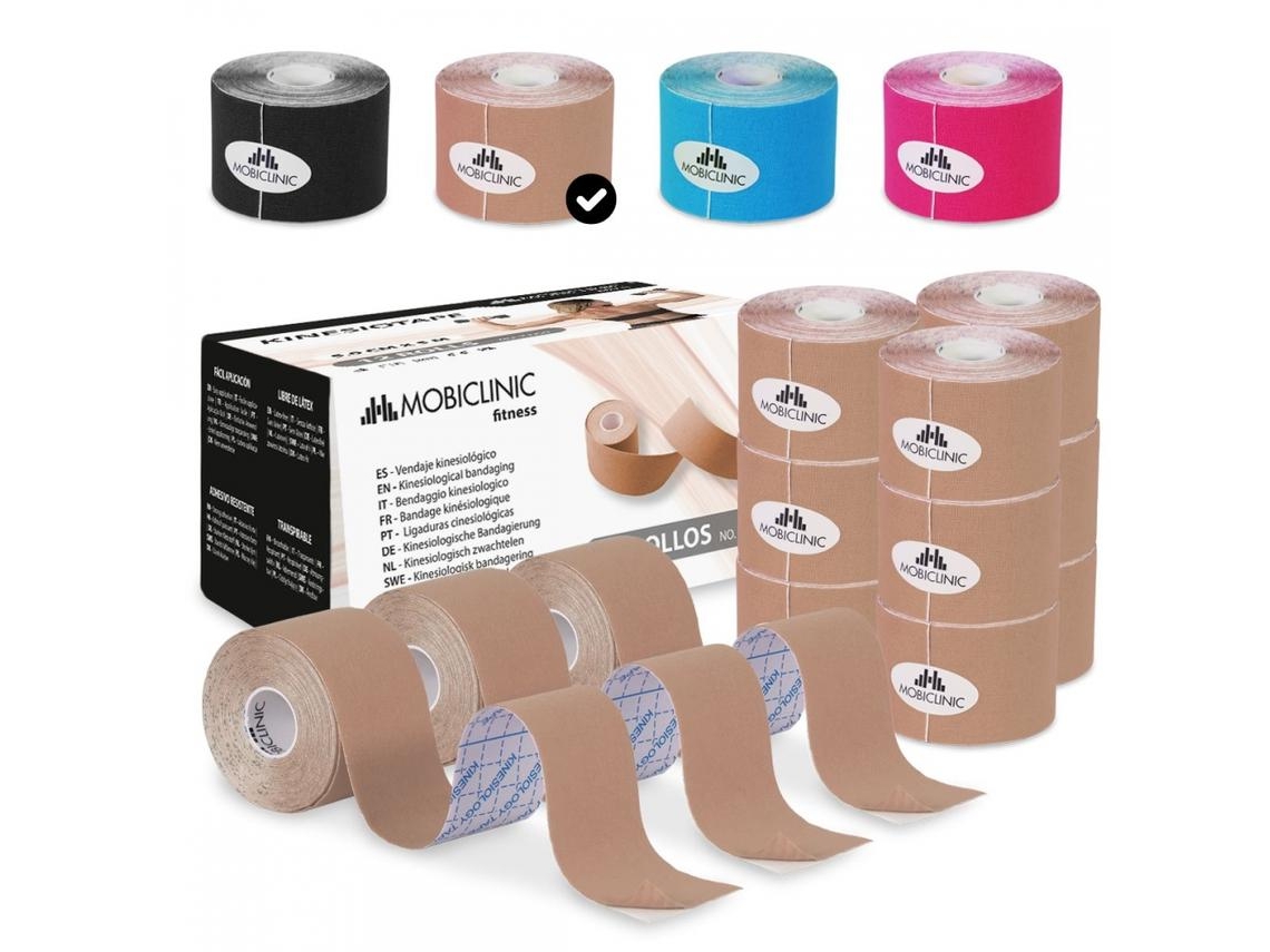  Pack 12 rolos Fita cinesiológica Kinesiotape Mobiclinic 5m x 5 cm Banda neuromuscular Bege
