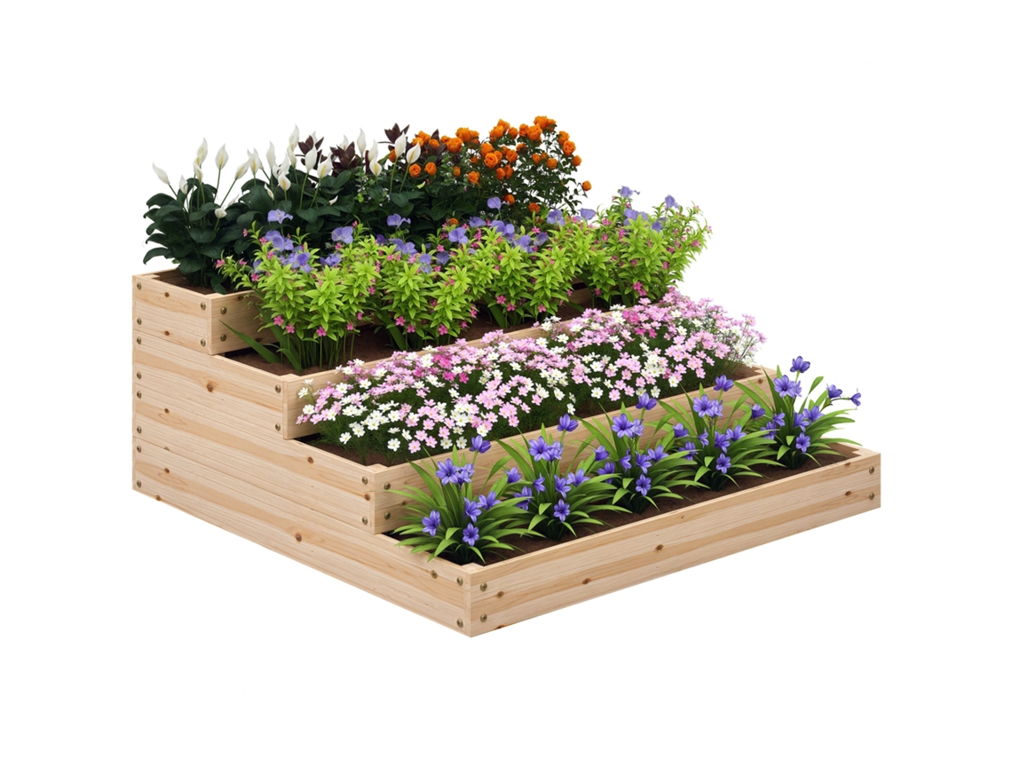 Canteiro Elevado de Jardim Sem Fundo 4 Andares para Ervas,legumes,frutas e Flores 113x113x46cm em Madeira Natural BTFORUS