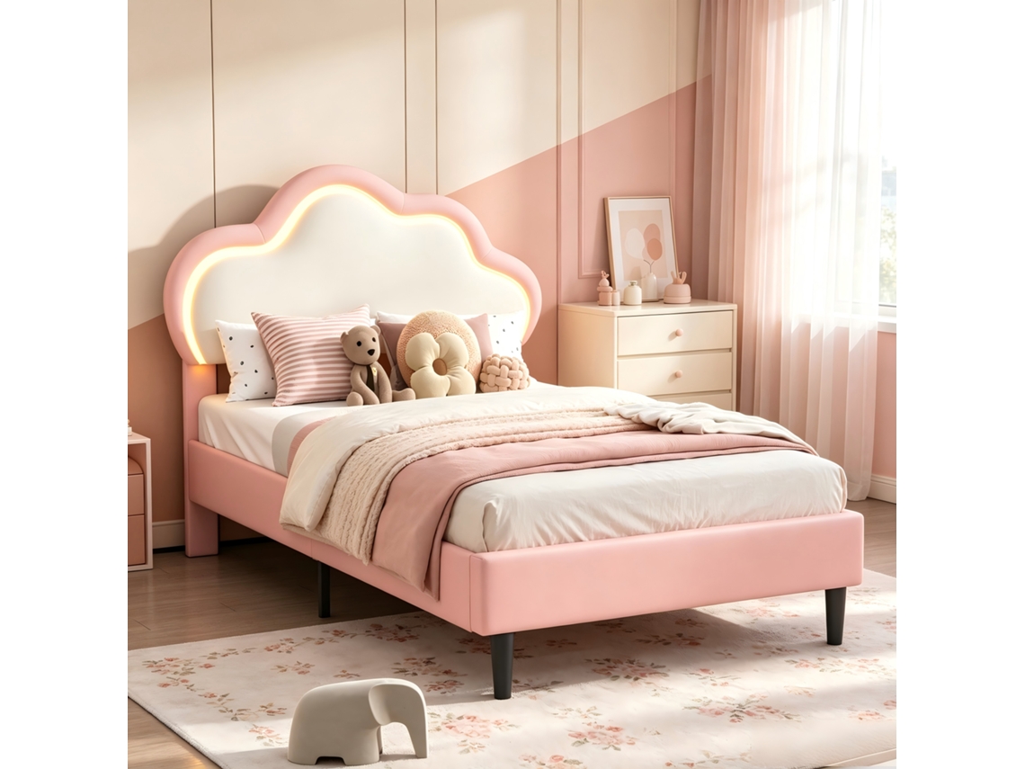 Cama Infantil De Menina 90x200cm,estrado Com Cabeceira Em Forma De Nuvem Led Ajustável,pu,rosa,para Quarto Infanti