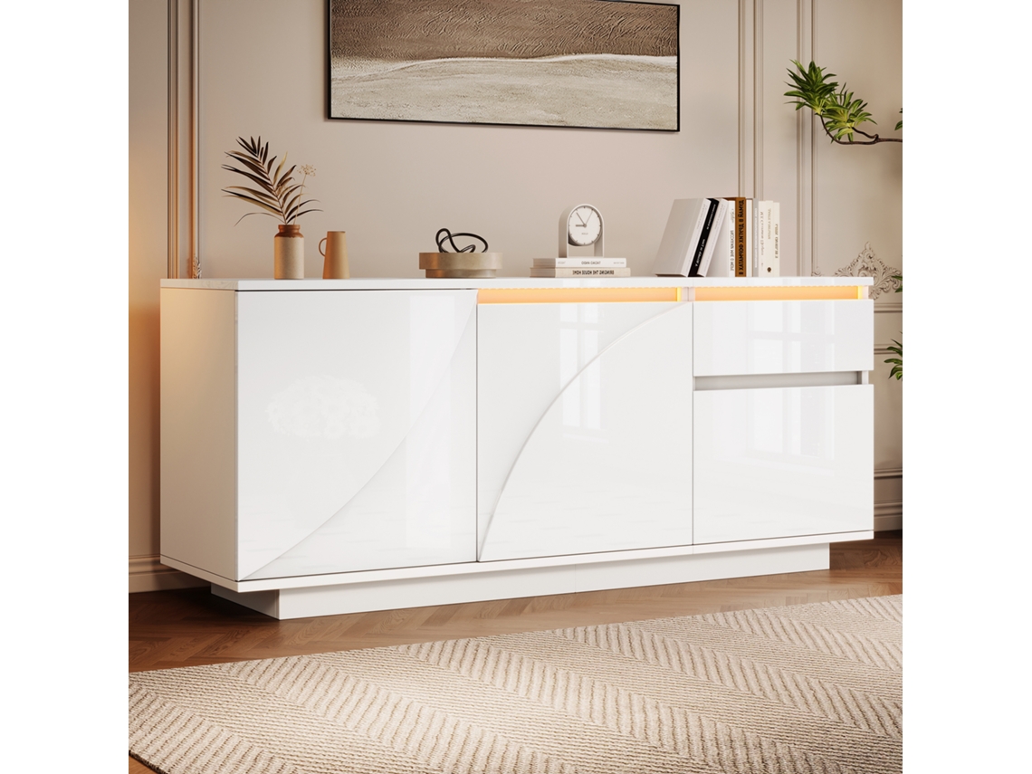 Armário Lateral 140x40x60cm 3 Armários Led 1 Gaveta Branco